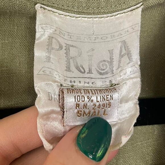 100% Linen Olive Green Long Sleeve Button Up Relaxed Fit Size Small - Picture 2 of 8